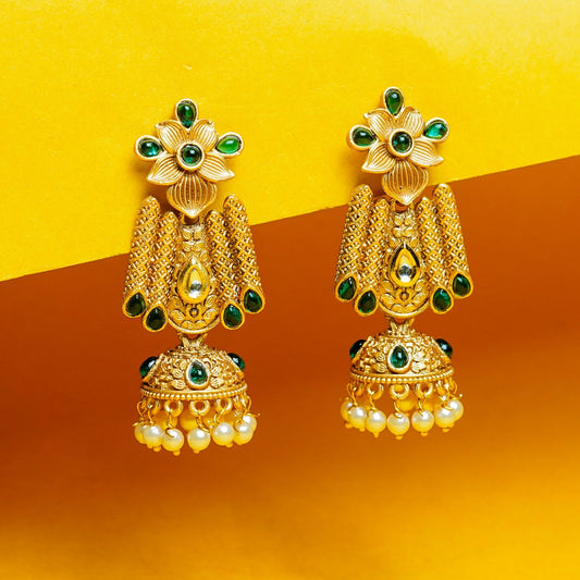 Zevar Club 18K Gold-Plated Green Kundan Stone Studded Floral Drop Earrings with Pearl Jhumka