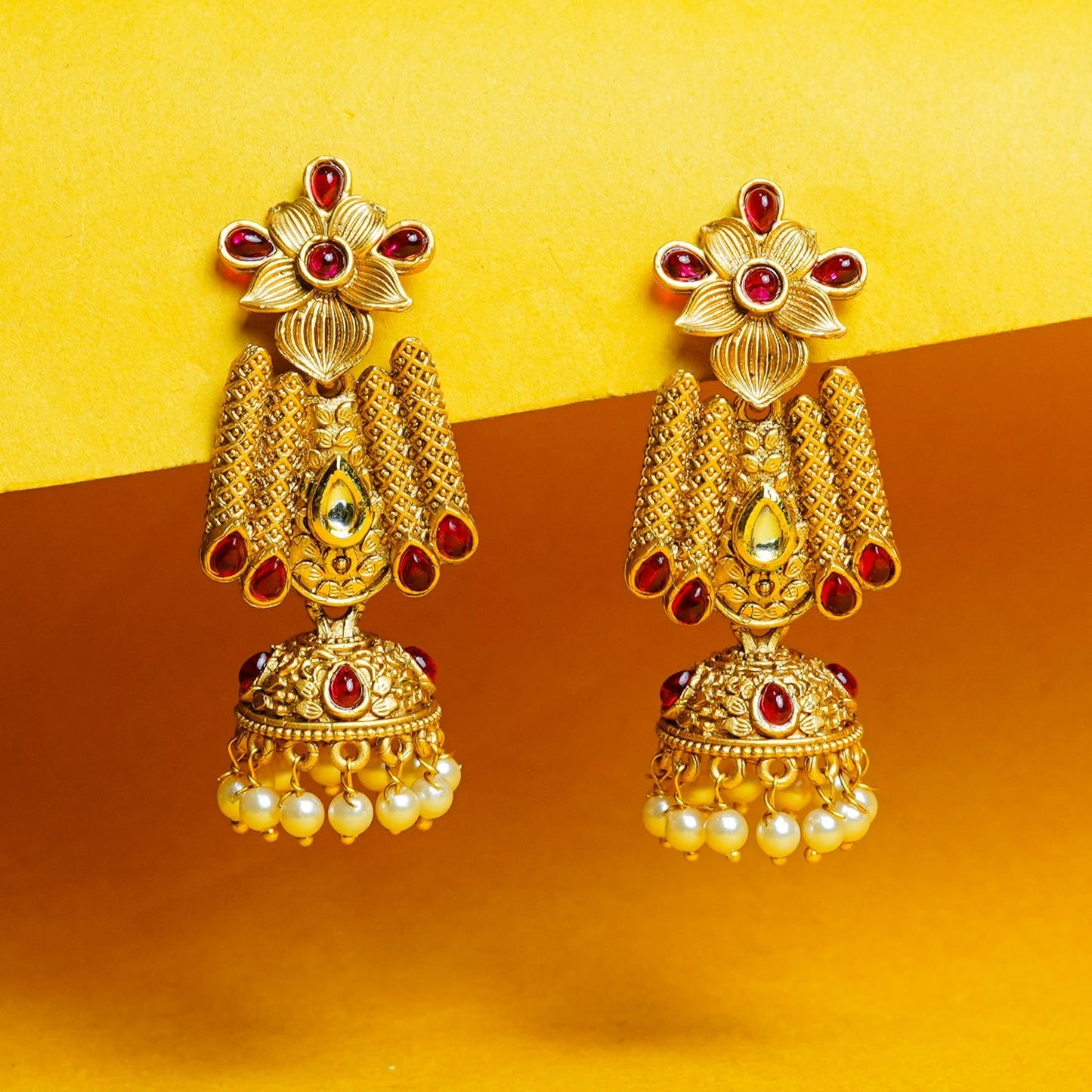 Zevar Club 18K Gold-Plated Red Kundan Stone Studded Floral Drop Earrings with Pearl Jhumka