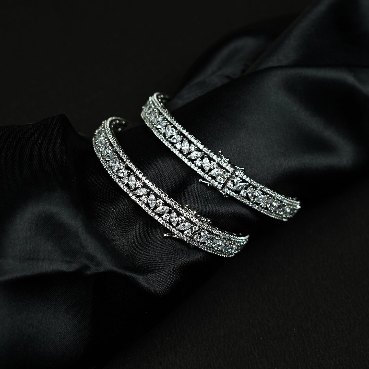 Zevar Club Set of 2 Rhodium-Plated Handcrafted AAA Cubic Zirconia Vine Motif Studded Premium Screw Adjustable Bangles