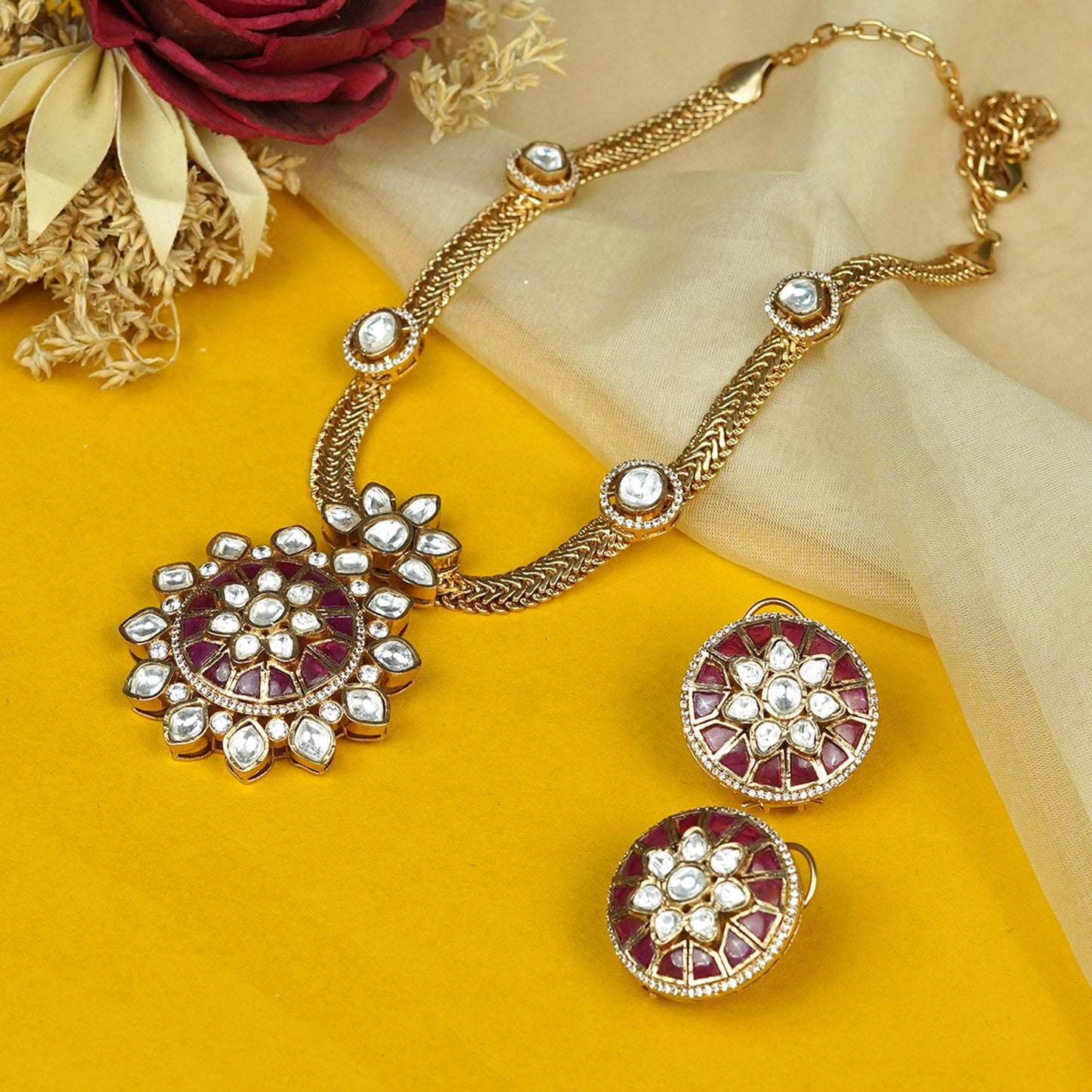 Zevar Club 24K Gold Plated White Kundan Studded Multicolor Enamel Handcrafted Floral Jewellery Set with Pendant & Earrings for Women