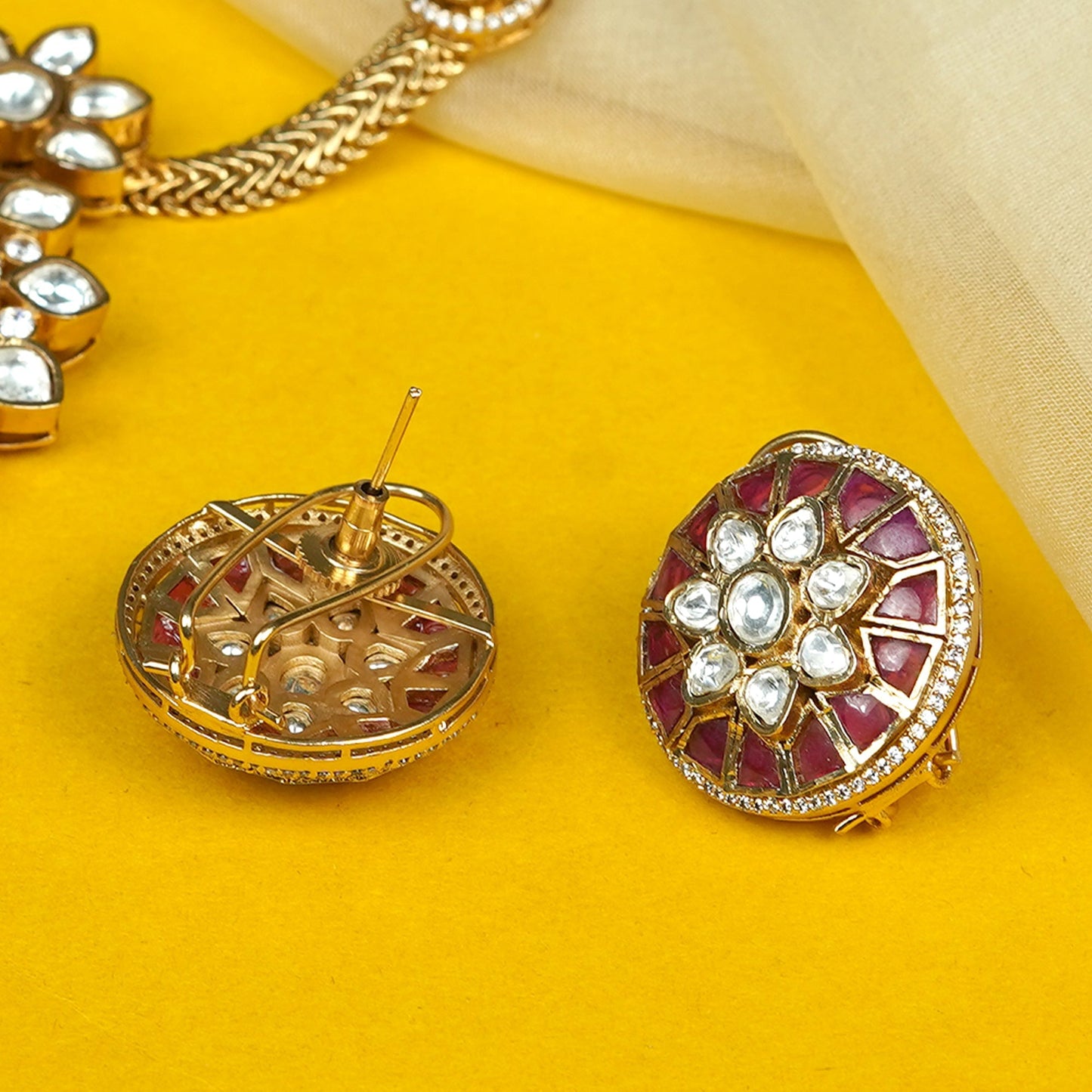 Zevar Club 24K Gold Plated White Kundan Studded Ruby Red Enamel Handcrafted Floral Jewellery Set with Pendant & Earrings for Women