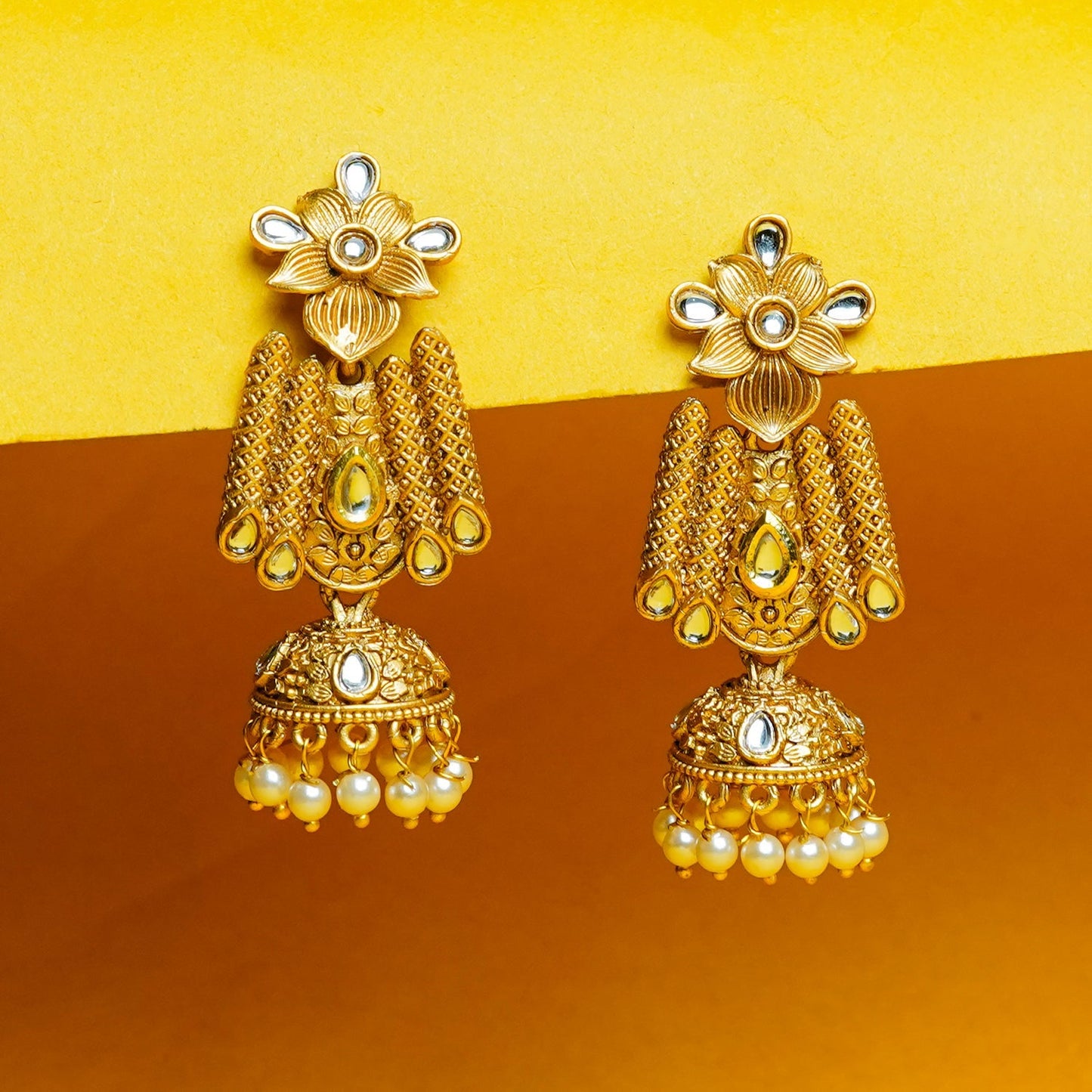 Zevar Club 18K Gold-Plated Red Kundan Stone Studded Floral Drop Earrings with Pearl Jhumka