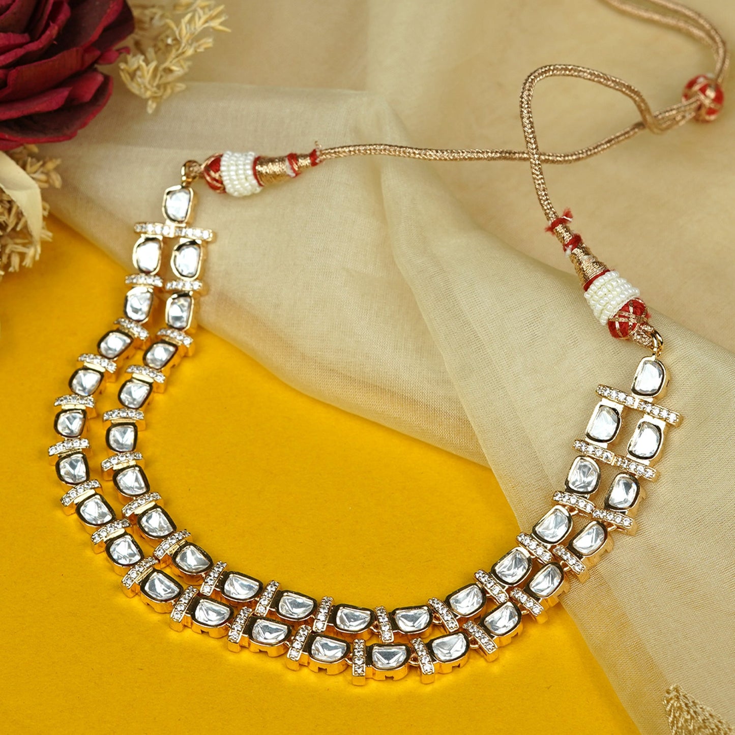 Zevar Club 24K Gold Plated White Kundan Studded Double Layer Handcrafted Jewellery Set with Earrings for Women