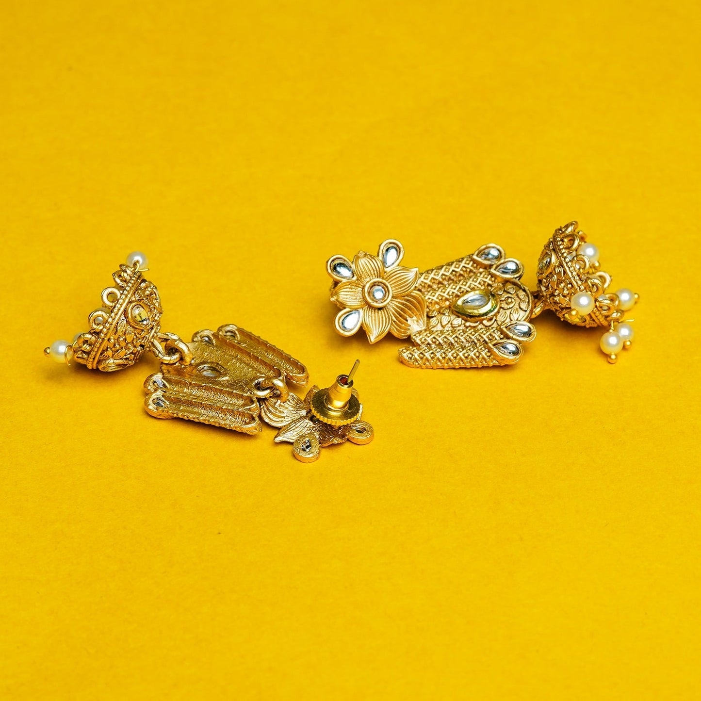 Zevar Club 18K Gold-Plated Red Kundan Stone Studded Floral Drop Earrings with Pearl Jhumka