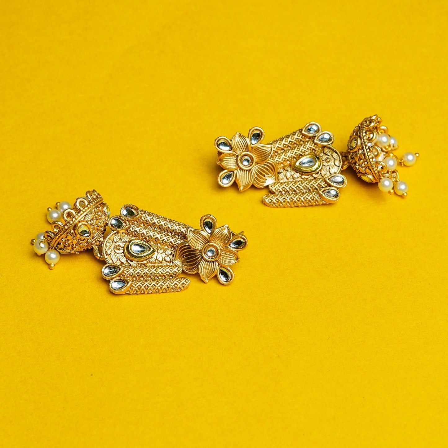 Zevar Club 18K Gold-Plated White Kundan Stone Studded Floral Drop Earrings with Pearl Jhumka