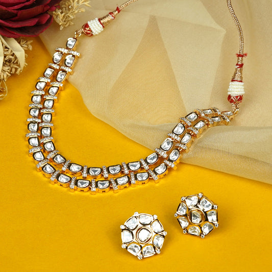 Zevar Club 24K Gold Plated White Kundan Studded Double Layer Handcrafted Jewellery Set with Earrings for Women