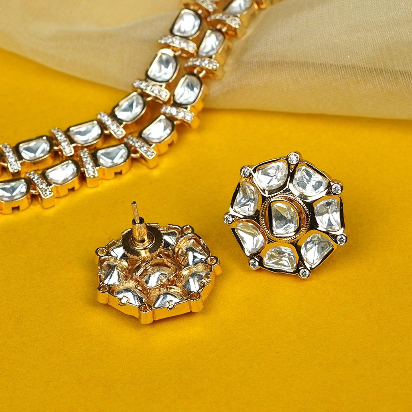 Zevar Club 24K Gold Plated White Kundan Studded Double Layer Handcrafted Jewellery Set with Earrings for Women