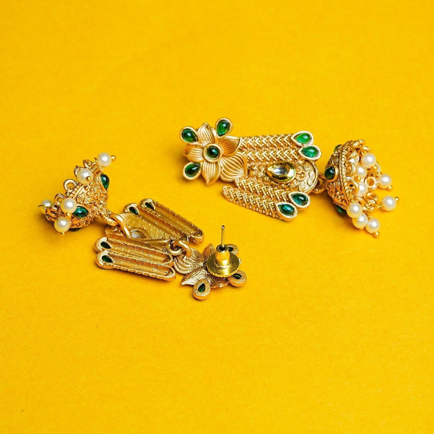 Zevar Club 18K Gold-Plated White Kundan Stone Studded Floral Drop Earrings with Pearl Jhumka