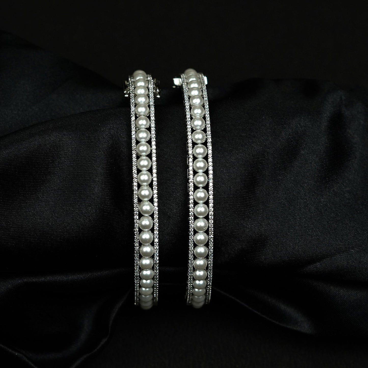 Zevar Club Set of 2 Rhodium-Plated Handcrafted Pearl Beaded & AAA Zirconia Premium Bangles