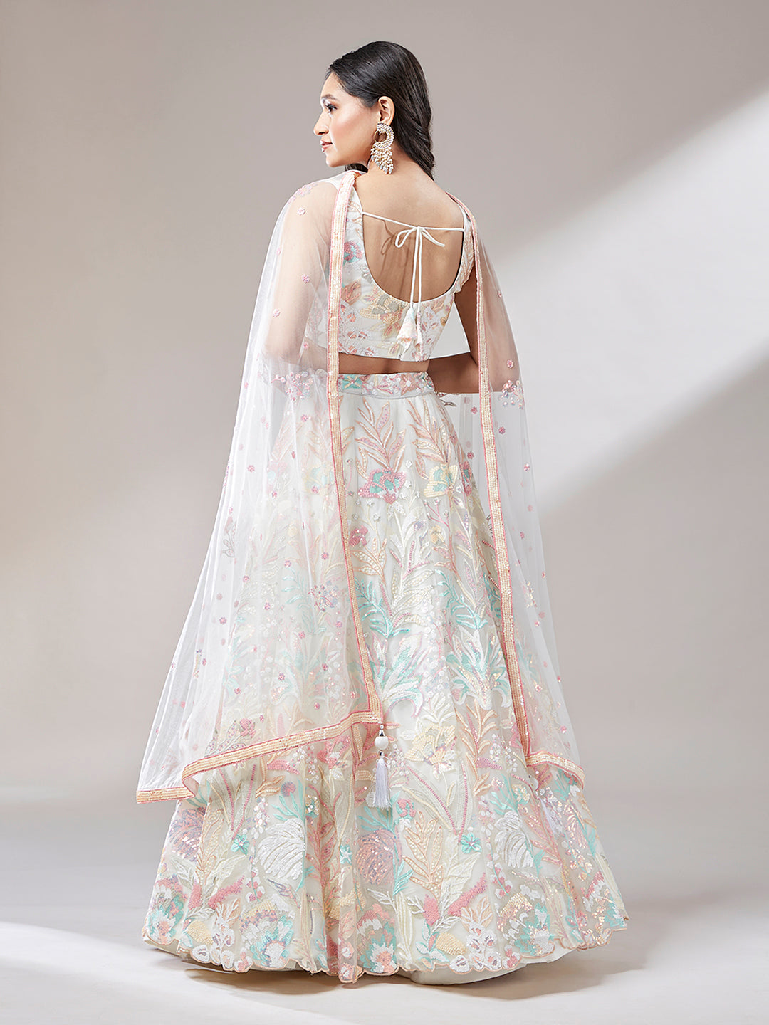 Cream Net Sequins Work Sangeet Lehenga