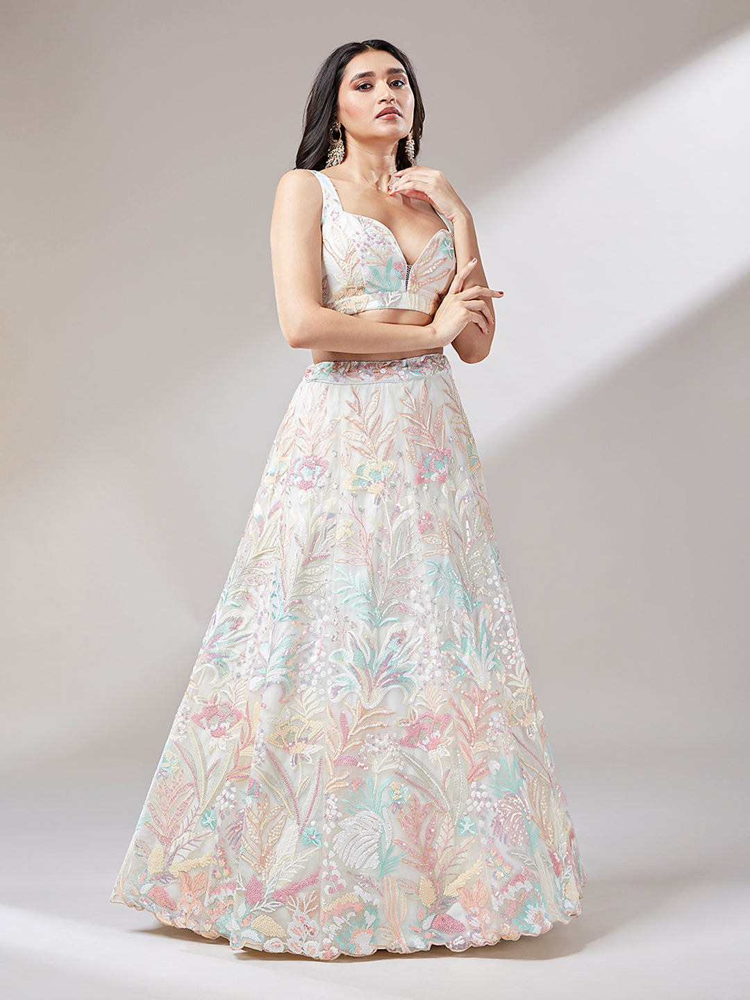 Cream Net Sequins Work Sangeet Lehenga