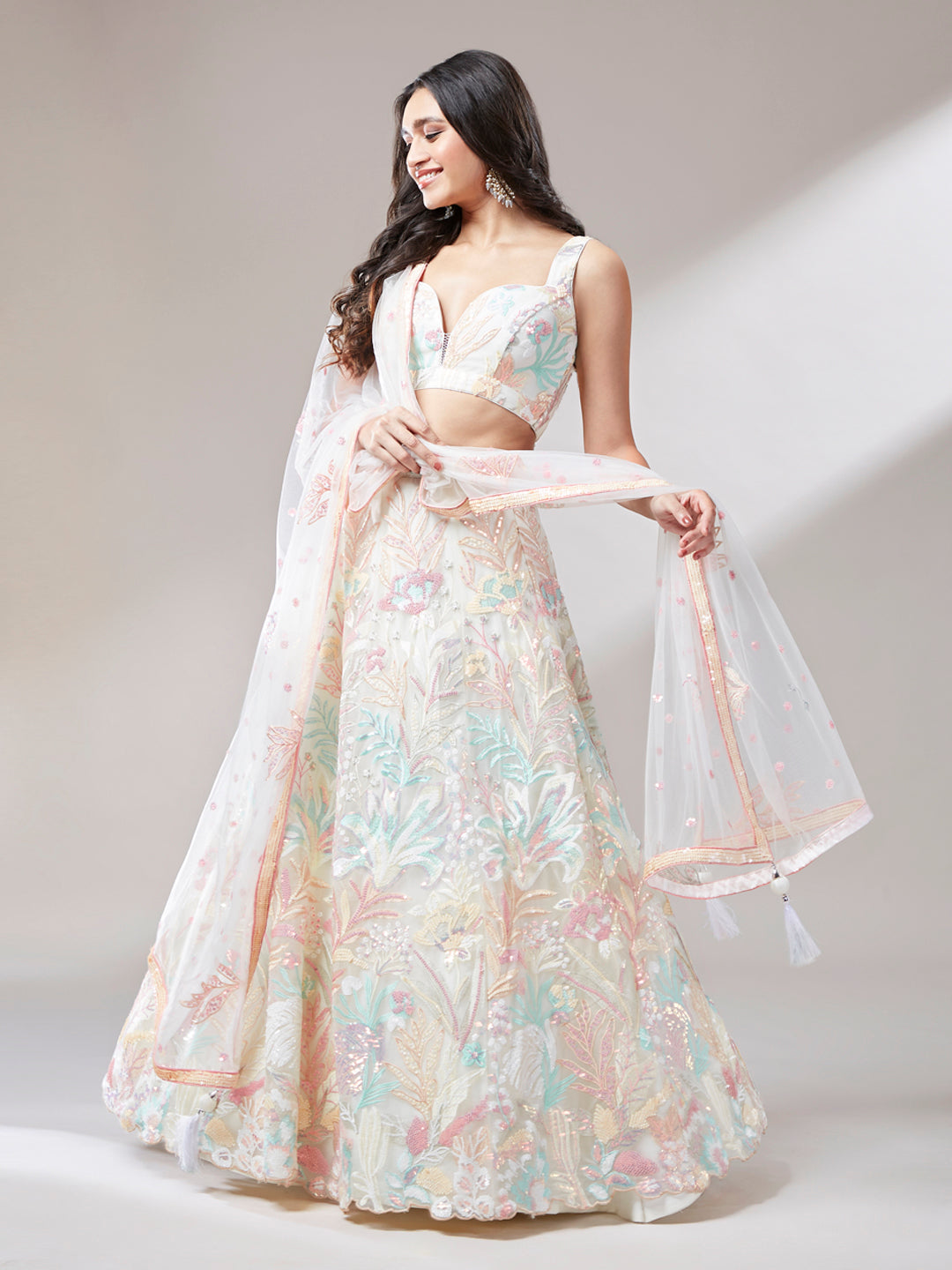 Cream Net Sequins Work Sangeet Lehenga