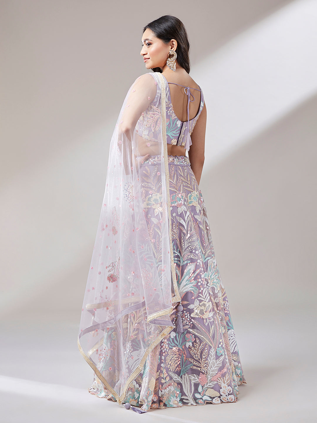 Mauve Net Sequins Work Sangeet Lehenga