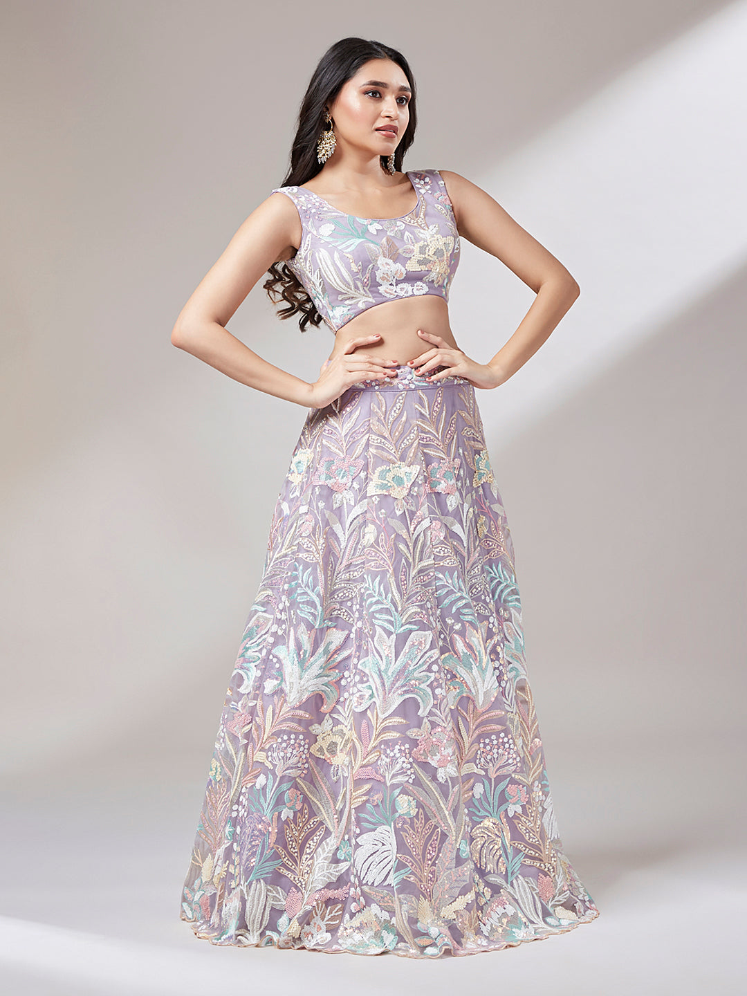 Mauve Net Sequins Work Sangeet Lehenga