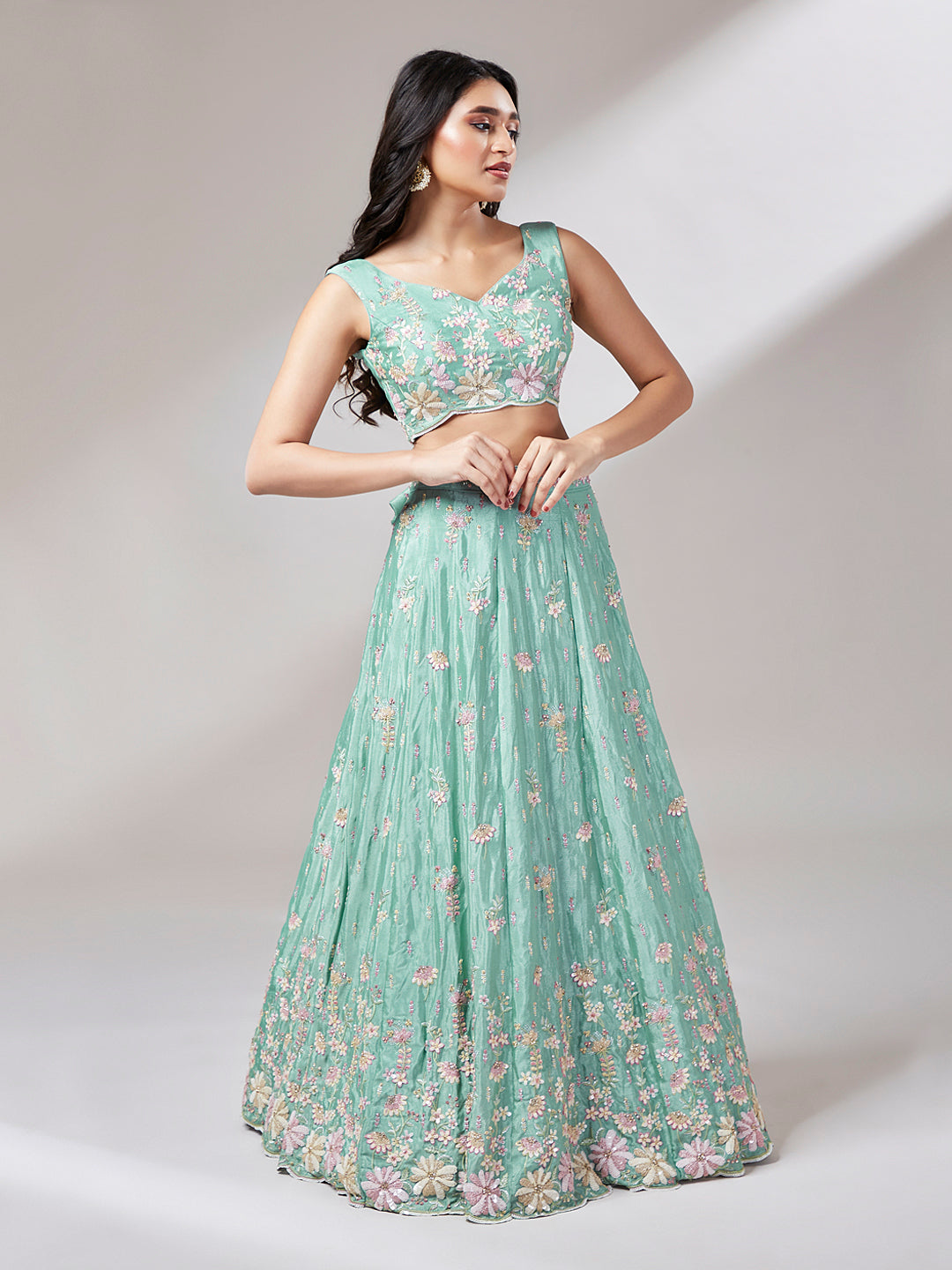 Sea Green Georgette Sequins Embroidery Lehenga