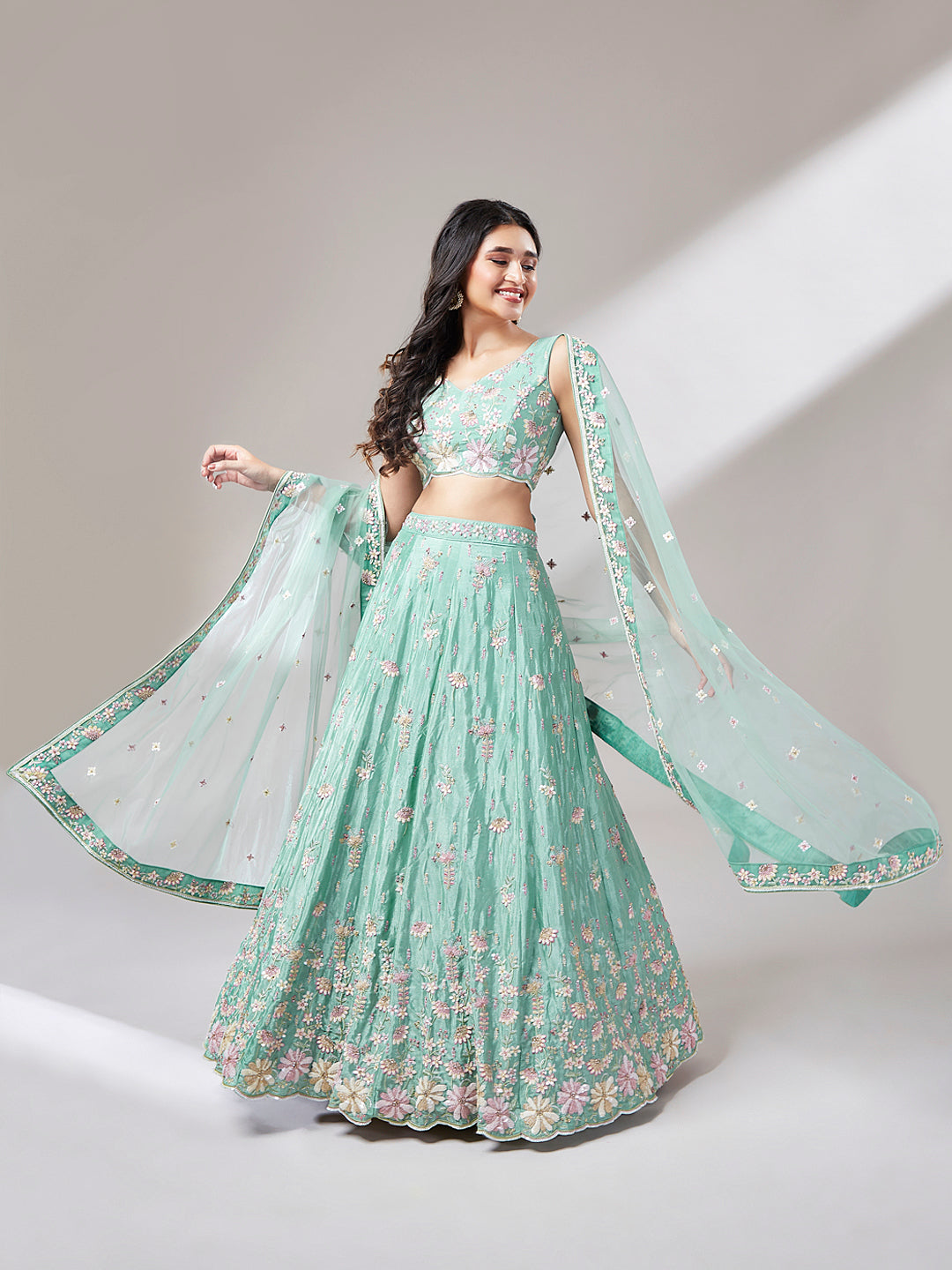 Sea Green Georgette Sequins Embroidery Lehenga