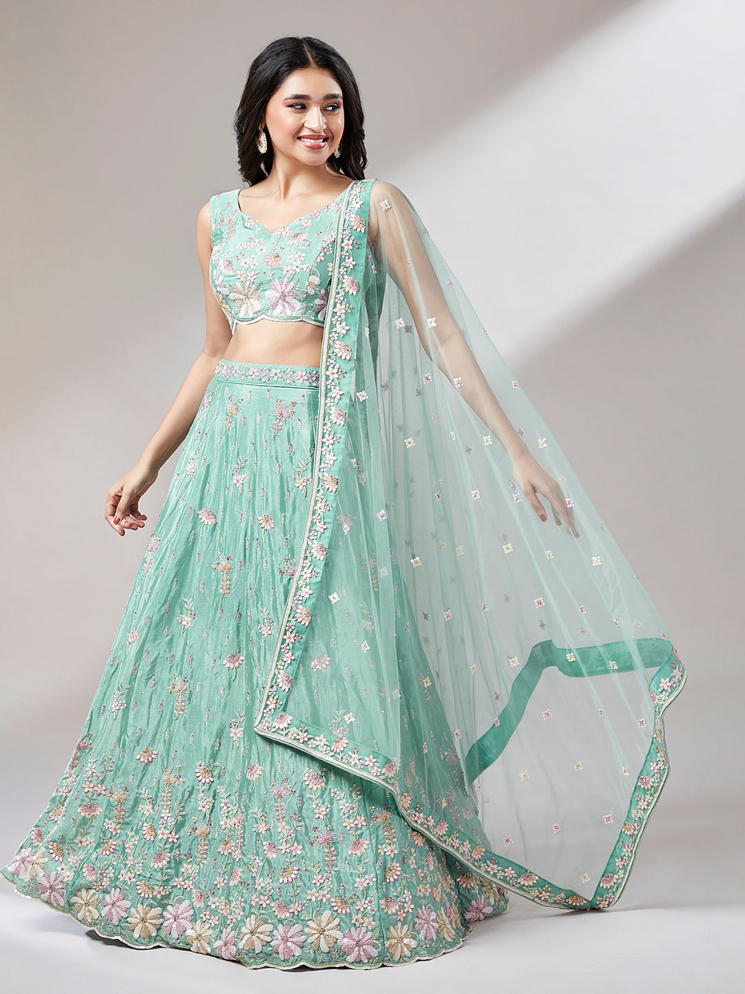 Sea Green Georgette Sequins Embroidery Lehenga