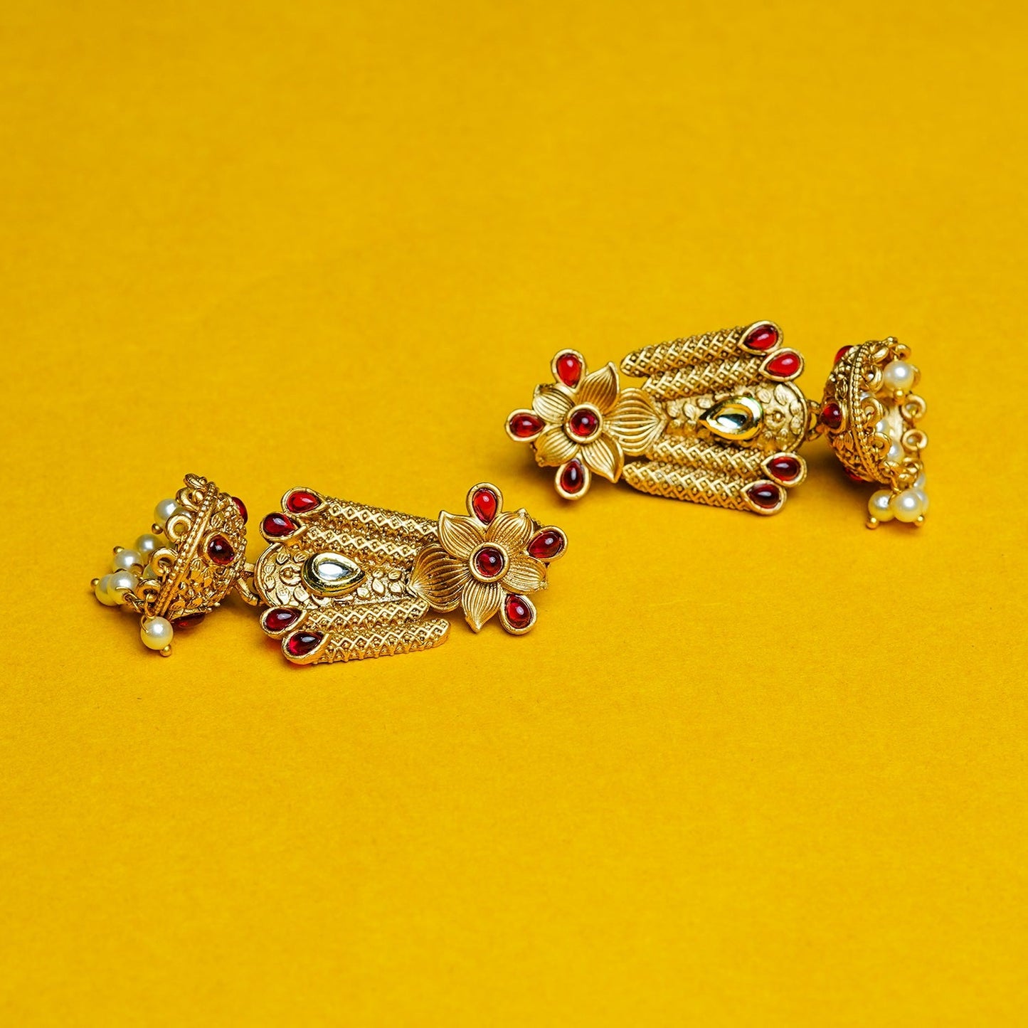 Zevar Club 18K Gold-Plated White Kundan Stone Studded Floral Drop Earrings with Pearl Jhumka