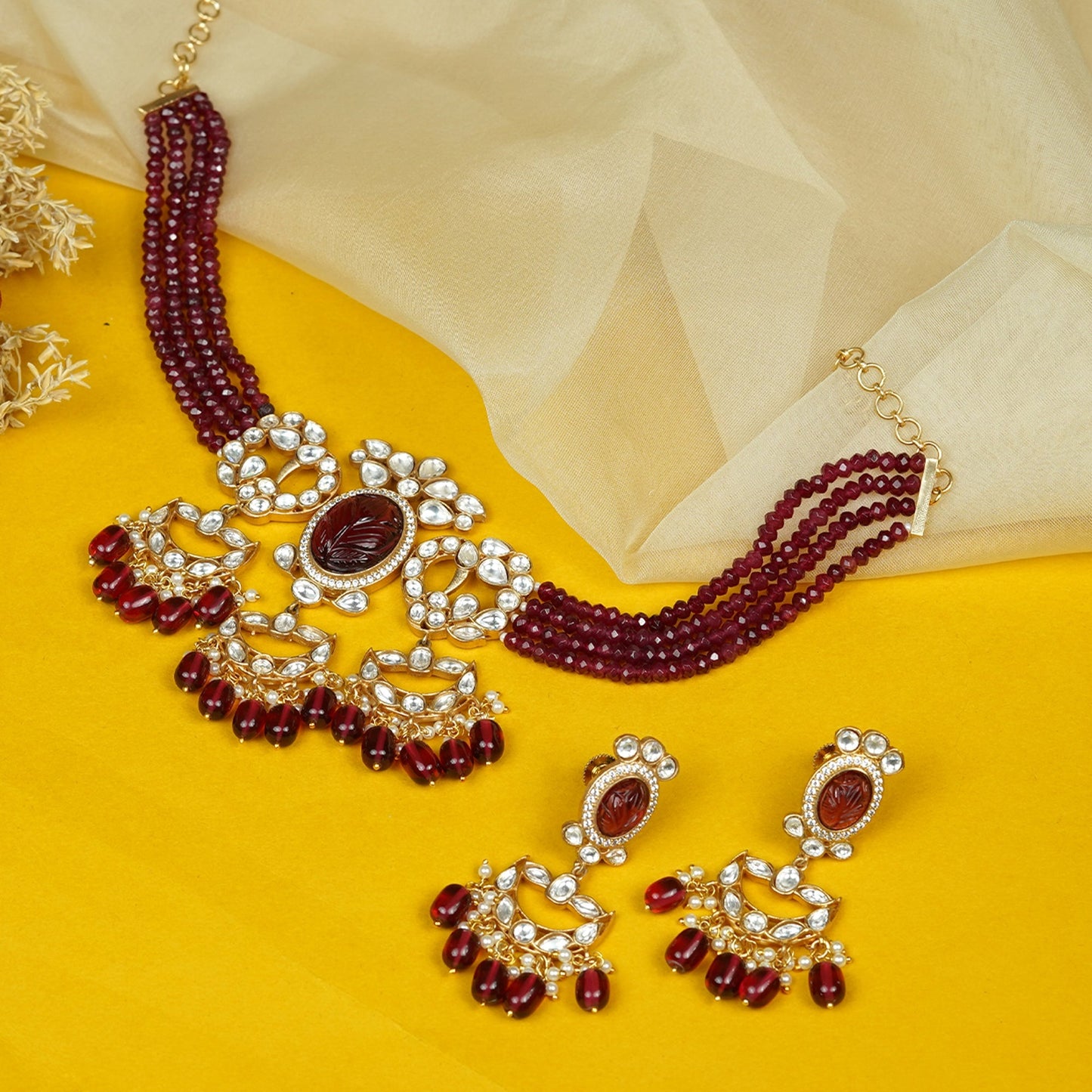 Zevar Club Maroon Beaded Choker Necklace Set with White Kundan & Maroon Stone Studded Pendant and Matching Earrings for Women