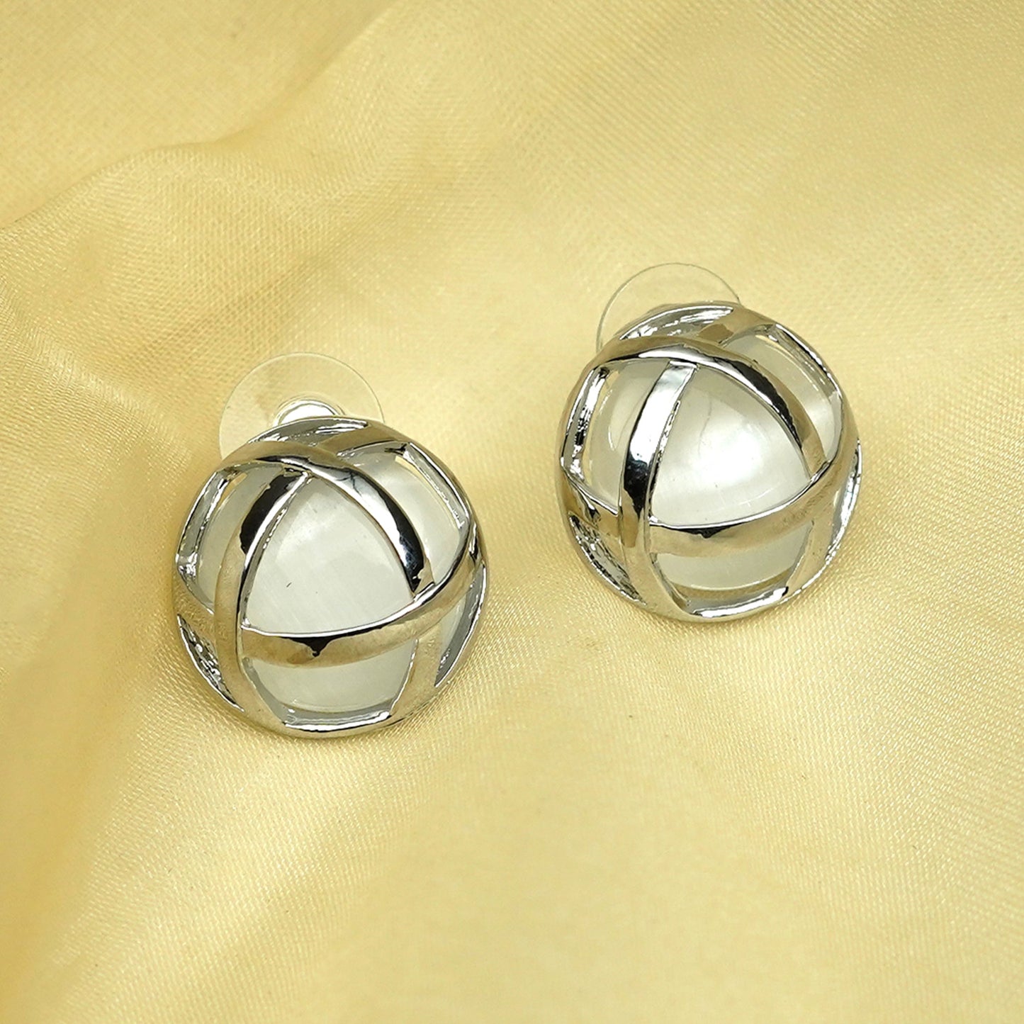 Zevar Club Silver Tone Dome-Shaped Criss-Cross Stud Earrings with White Pearl Accents for Women
