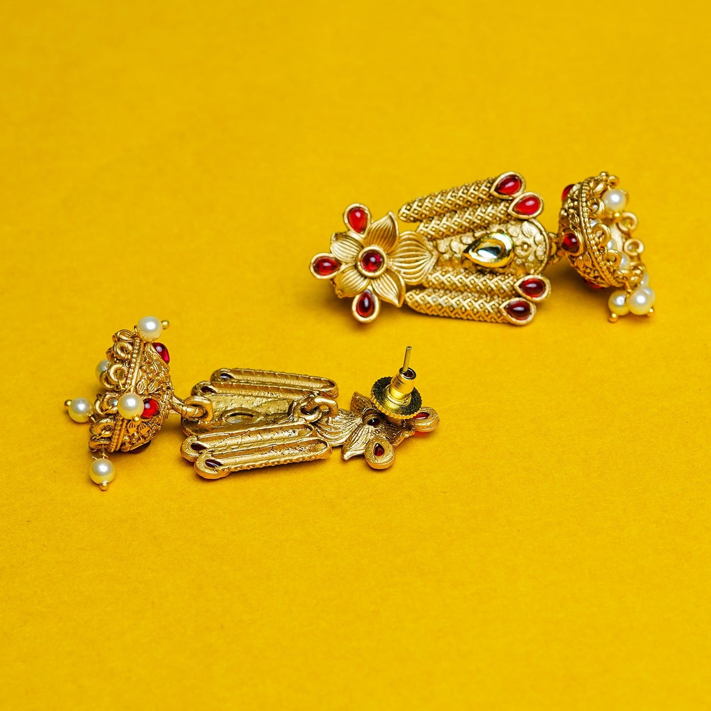 Zevar Club 18K Gold-Plated Red Kundan Stone Studded Floral Drop Earrings with Pearl Jhumka
