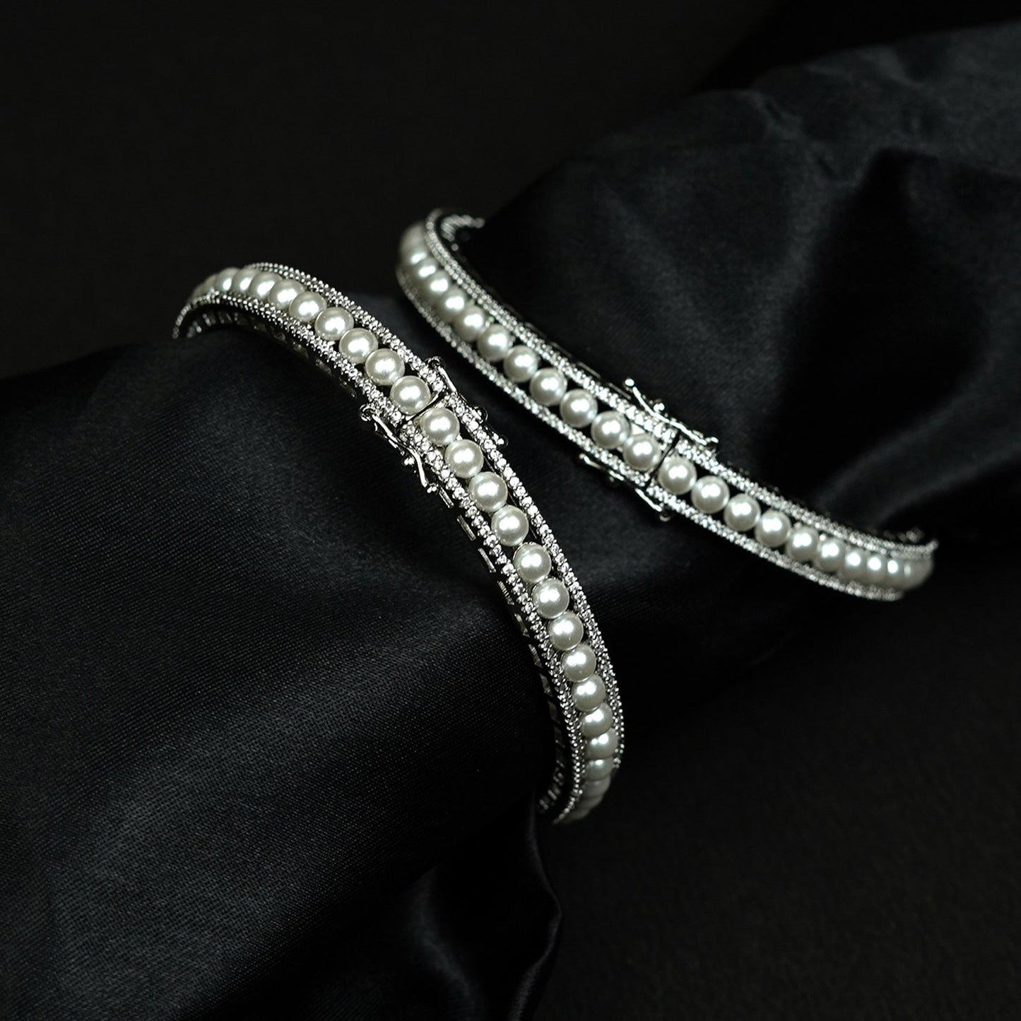 Zevar Club Set of 2 Rhodium-Plated Handcrafted Pearl Beaded & AAA Zirconia Premium Bangles