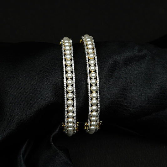 Zevar Club Set of 2 22K Gold-Plated Handcrafted Pearl Beaded & AAA Cubic Zirconia Studded Premium Bangles