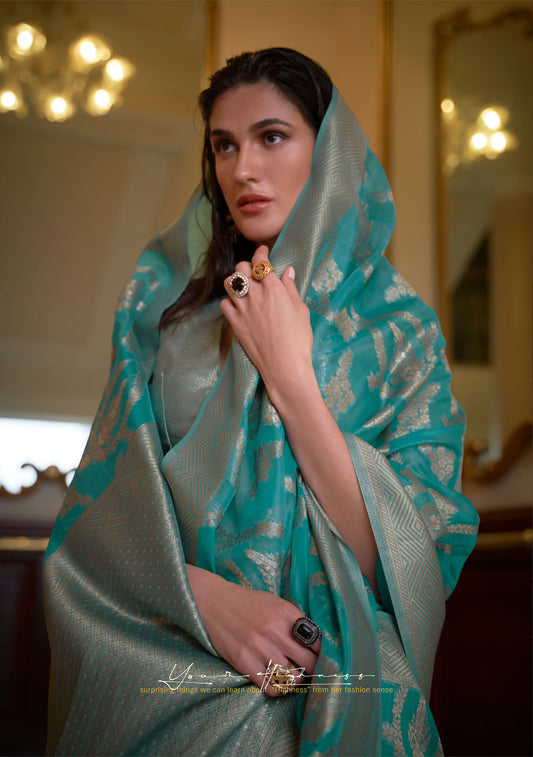 Turquoise Keesha Organza Two tone Handloom Saree