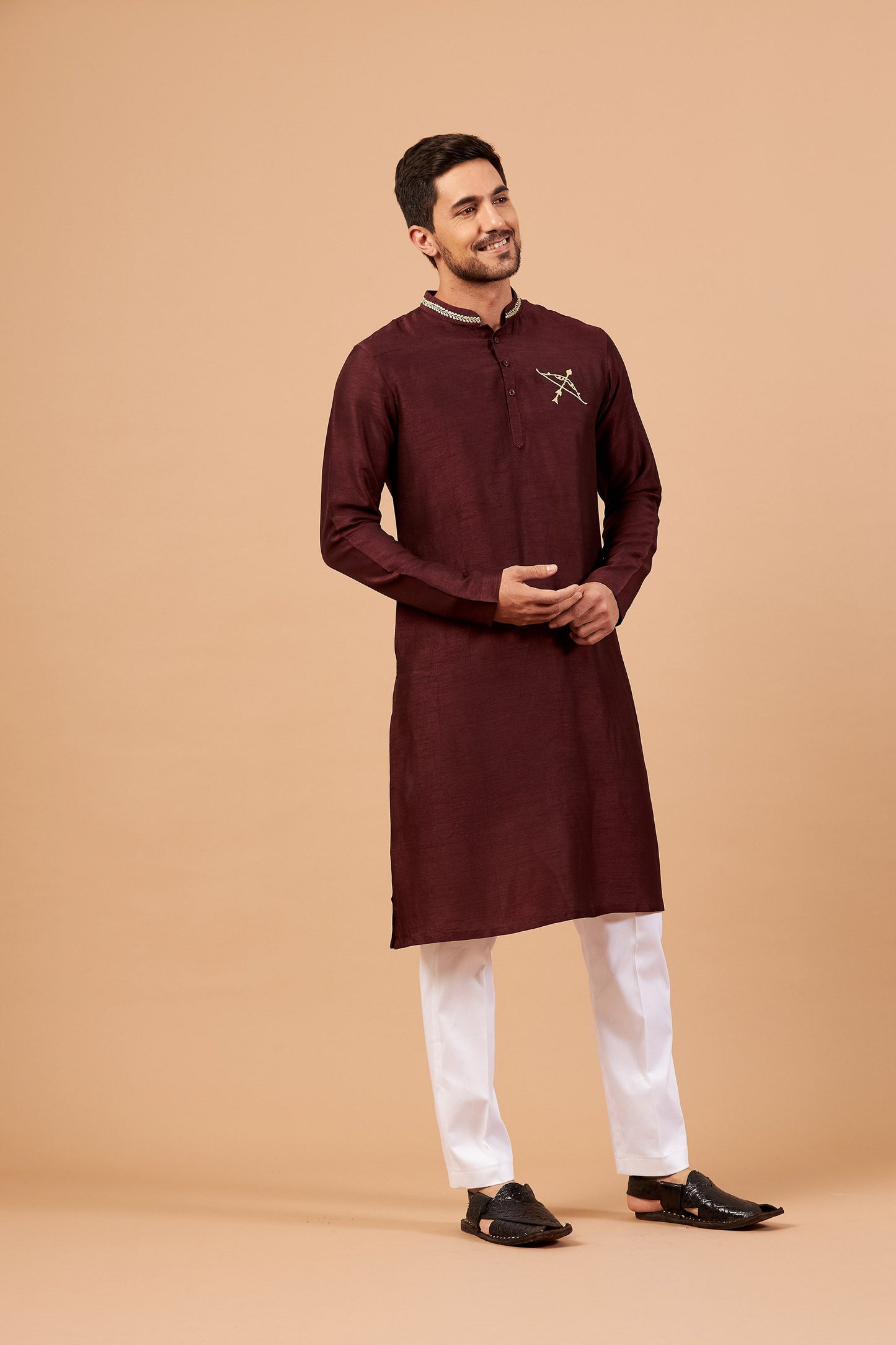 Maroon Semi Raw Silk Zari Bow & Arrow Embroidery ( only Kurta )