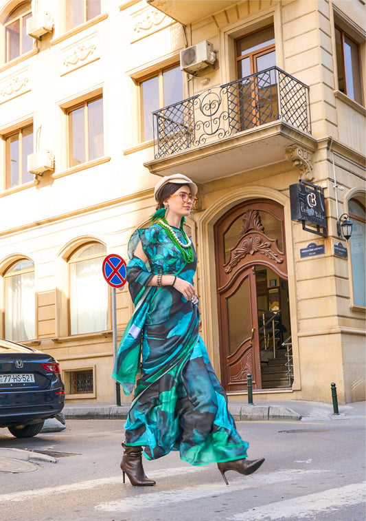 Turquoise Green Floral Kolombus Satin Georgette Printed Saree