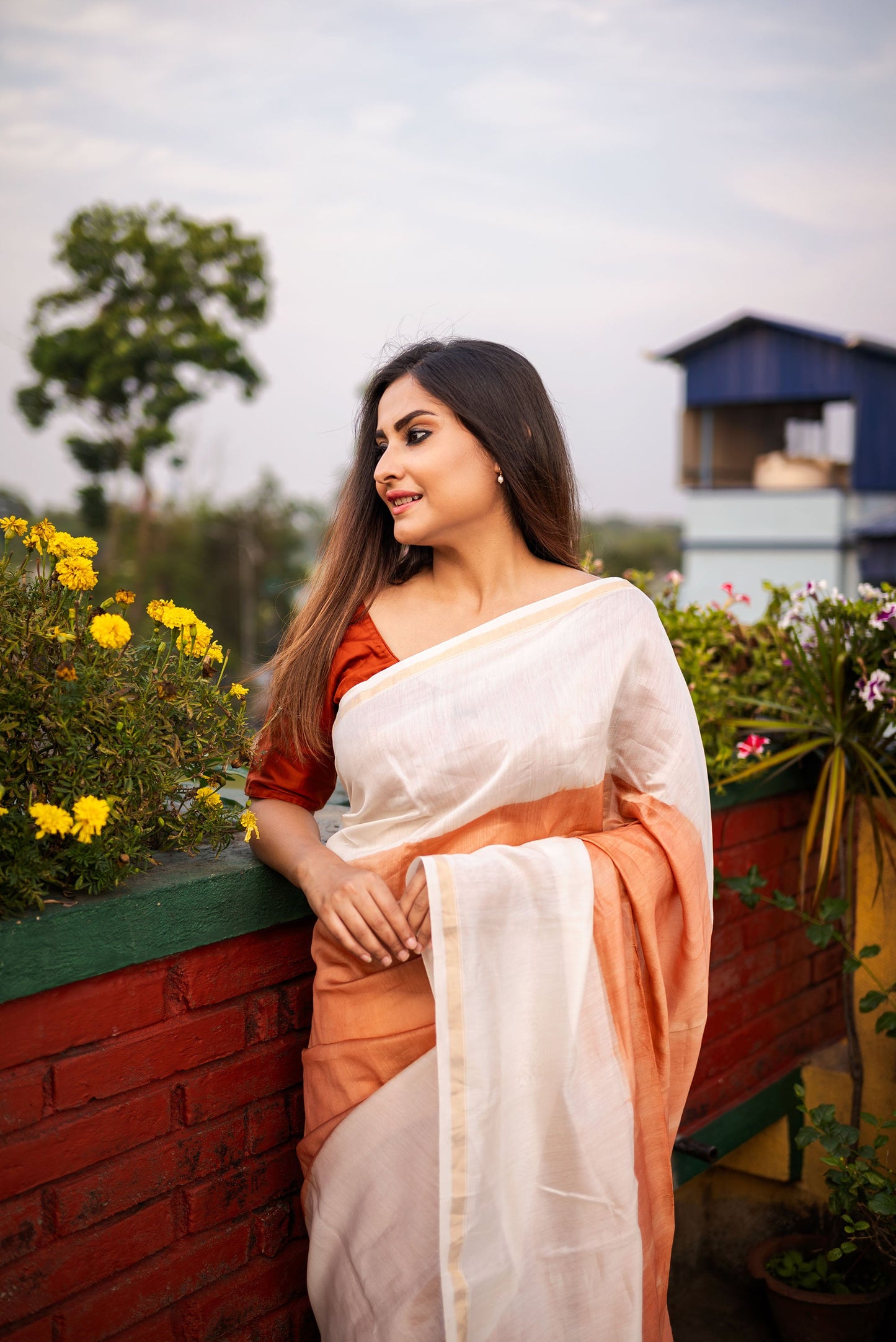 Brown and White ombre chanderi silk saree