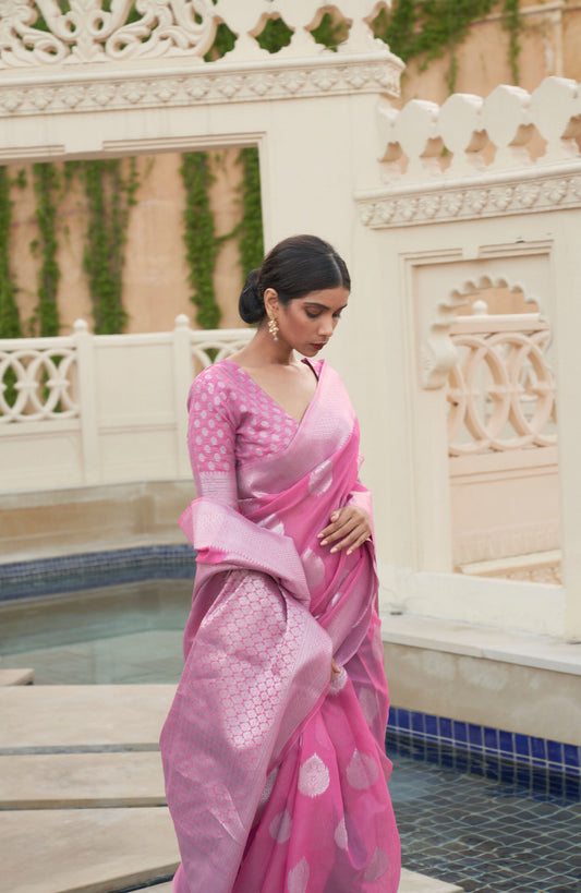 Pink Kevaah Linen Woven Saree