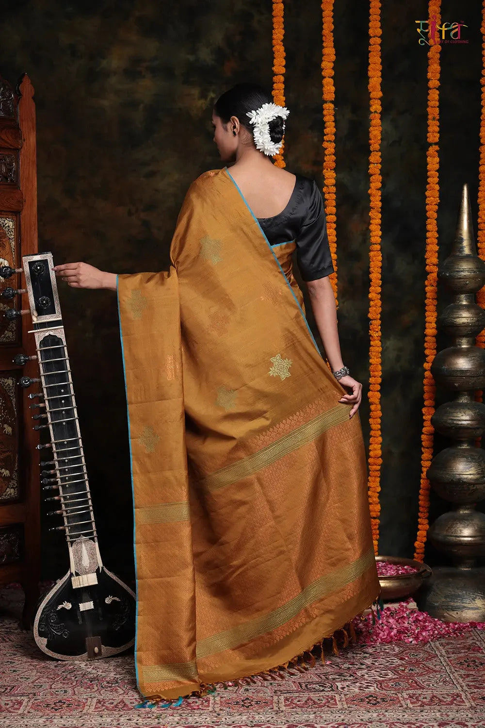 Handloom Mustard Kanchipattu Saree With Floral Zari Motifs
