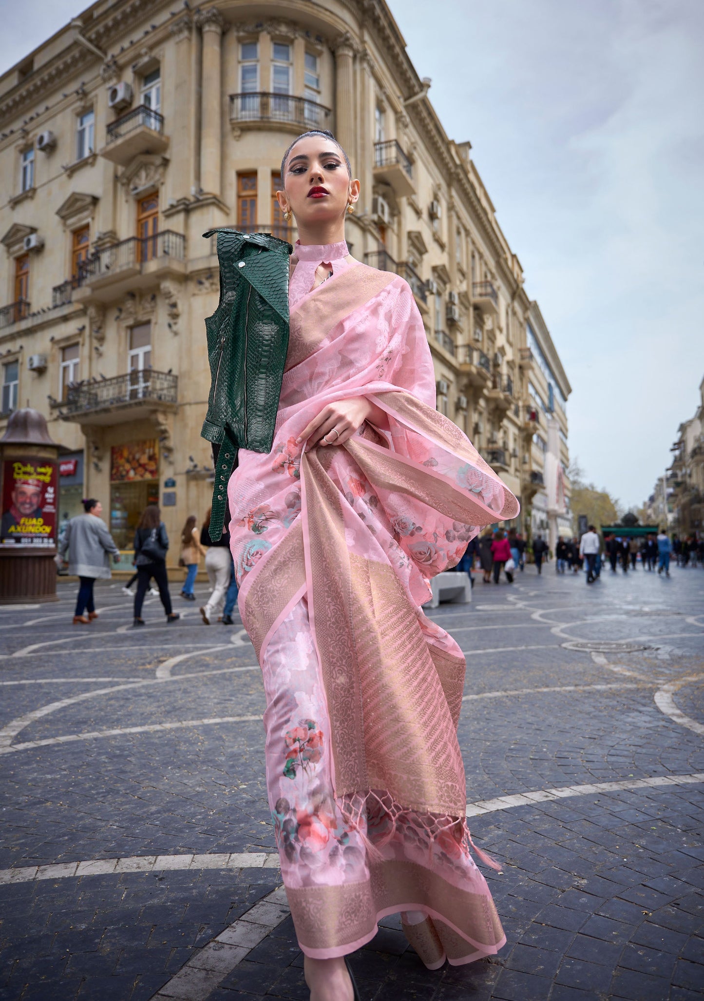 Pink Floral Kinsel Printed Poly Handloom Saree
