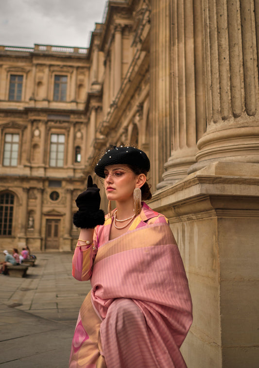 Peach Kube Soft Silk Handloom Saree