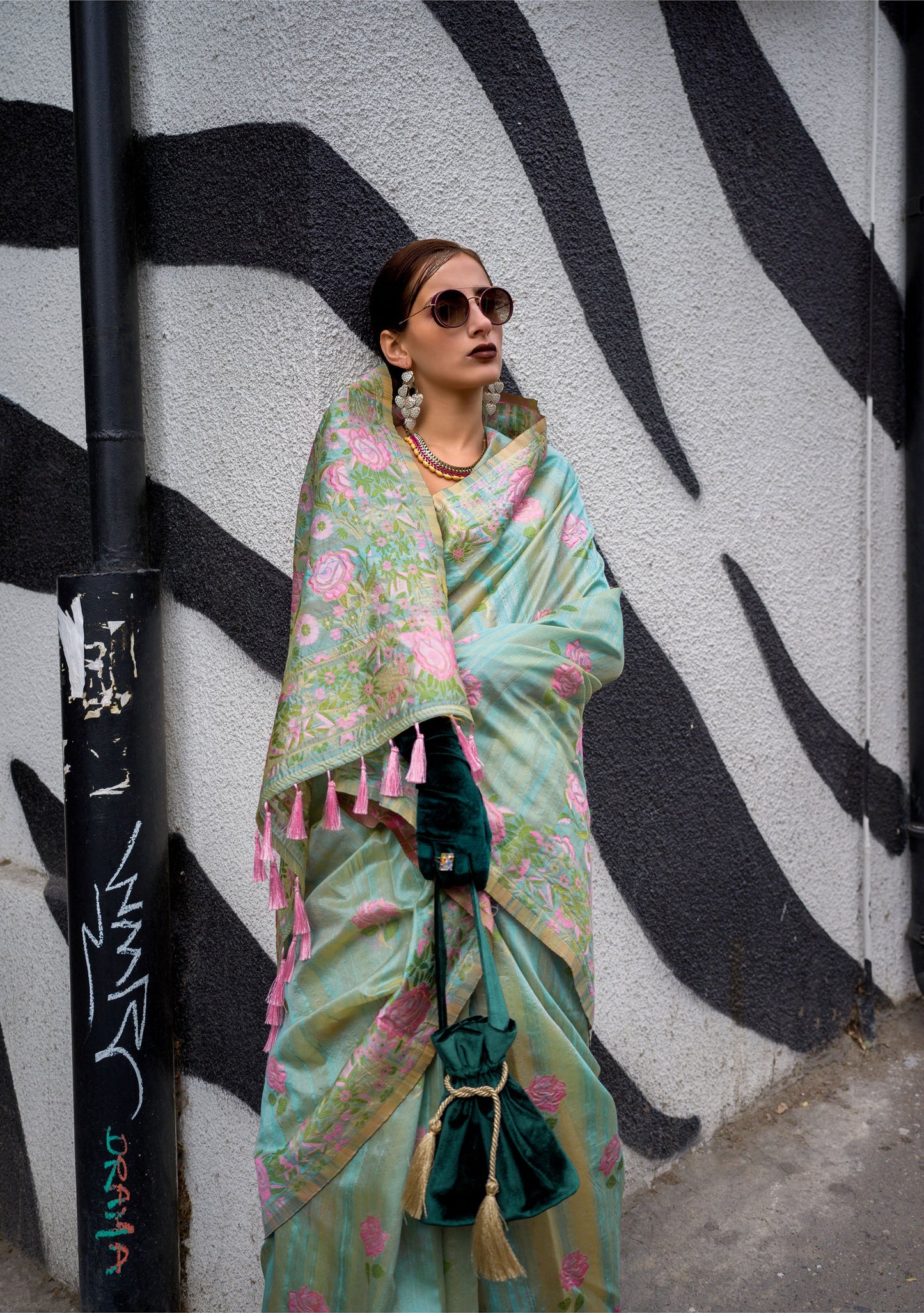 Mint Green Krafitti Parsi weave handloom Silk Saree