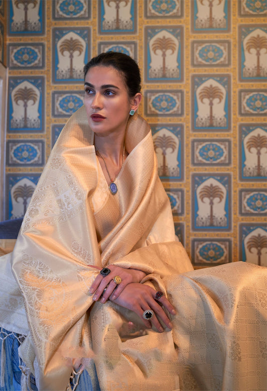 Cream Kumbhi Silk - Petals Handloom Saree