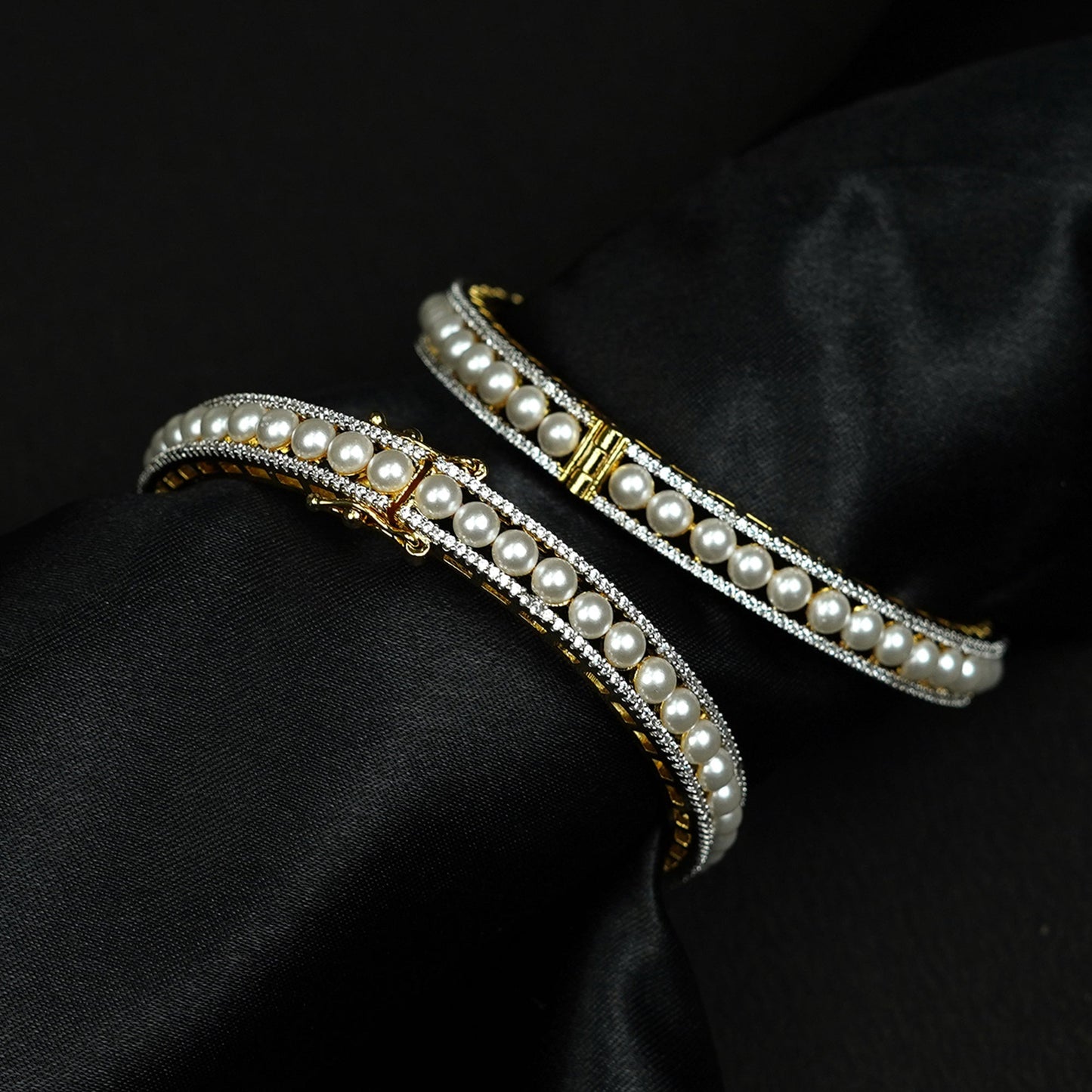 Zevar Club Set of 2 22K Gold-Plated Handcrafted Pearl Beaded & AAA Cubic Zirconia Studded Premium Bangles