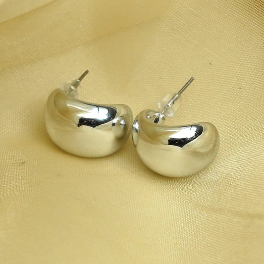 Zevar Club Glossy Silver Tone Stainless Steel Tarnish Free Waterproof Chunky Sculpted Half-Hoop Earrings for Women