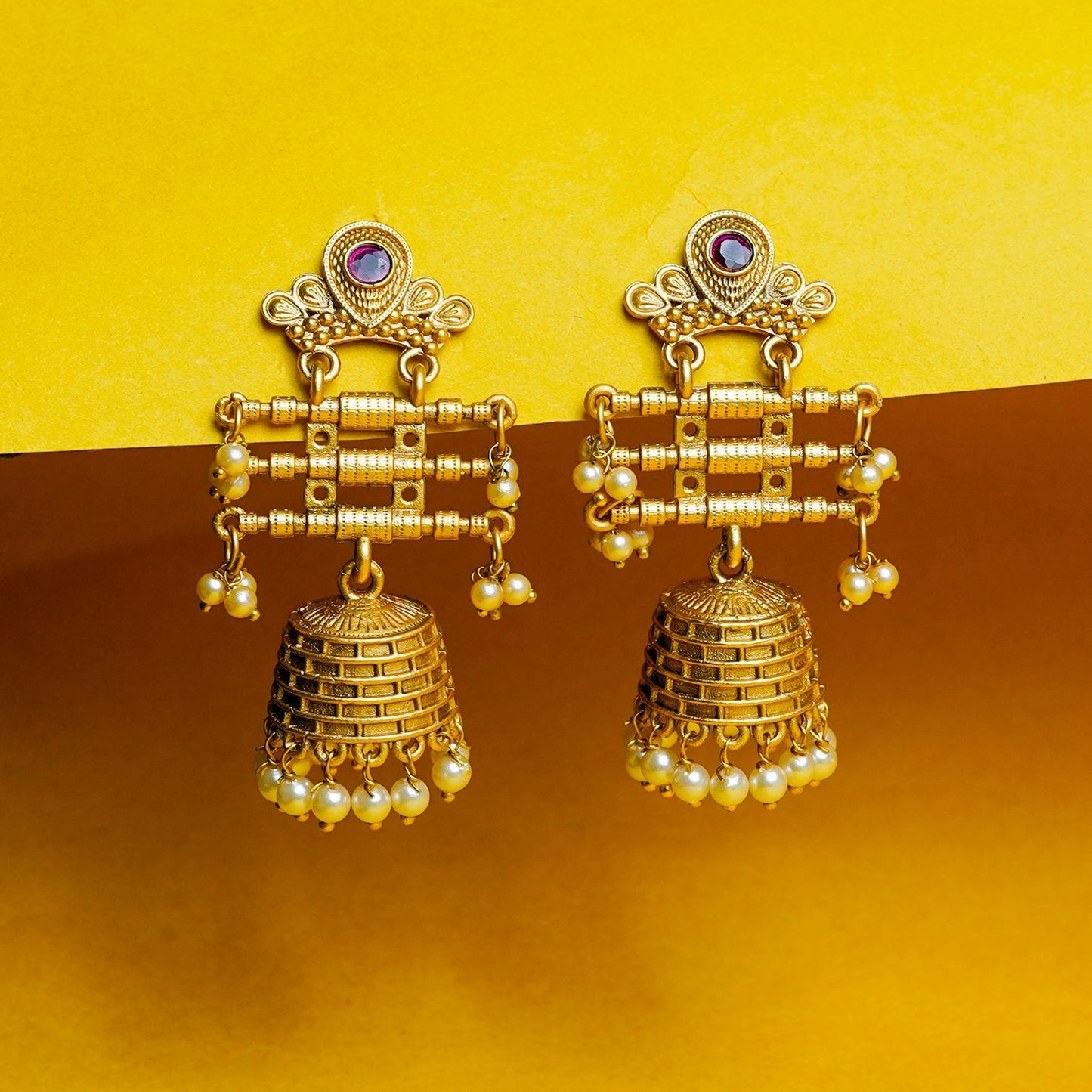 Zevar Club 18K Gold-Plated Green Kundan Studded Layered Traditional Jhumka Earrings with Pearls