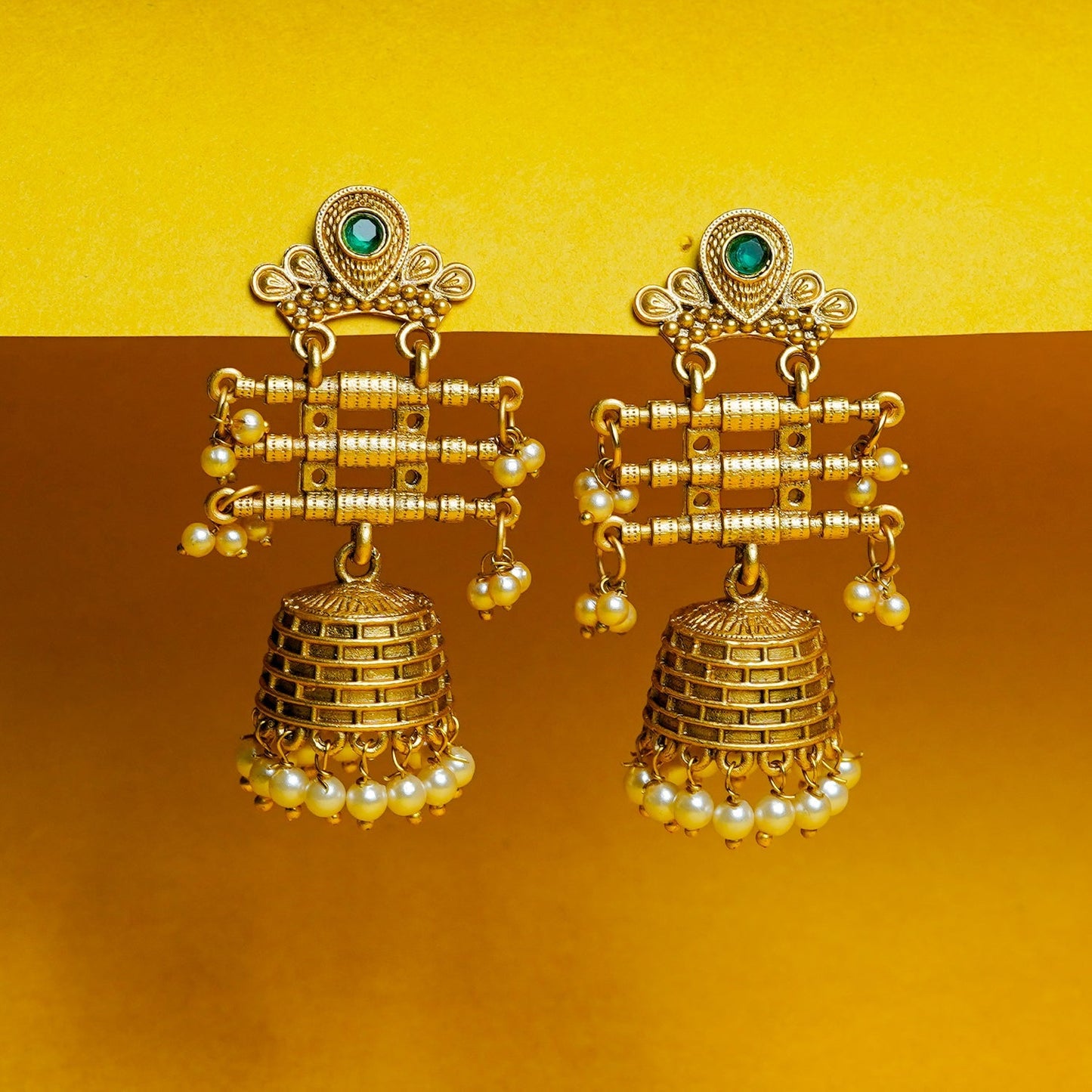 Zevar Club 18K Gold-Plated Green Kundan Studded Layered Traditional Jhumka Earrings with Pearls