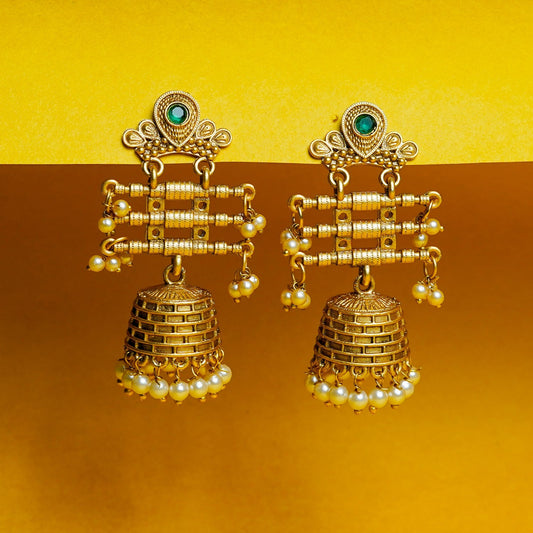 Zevar Club 18K Gold-Plated Green Kundan Studded Layered Traditional Jhumka Earrings with Pearls