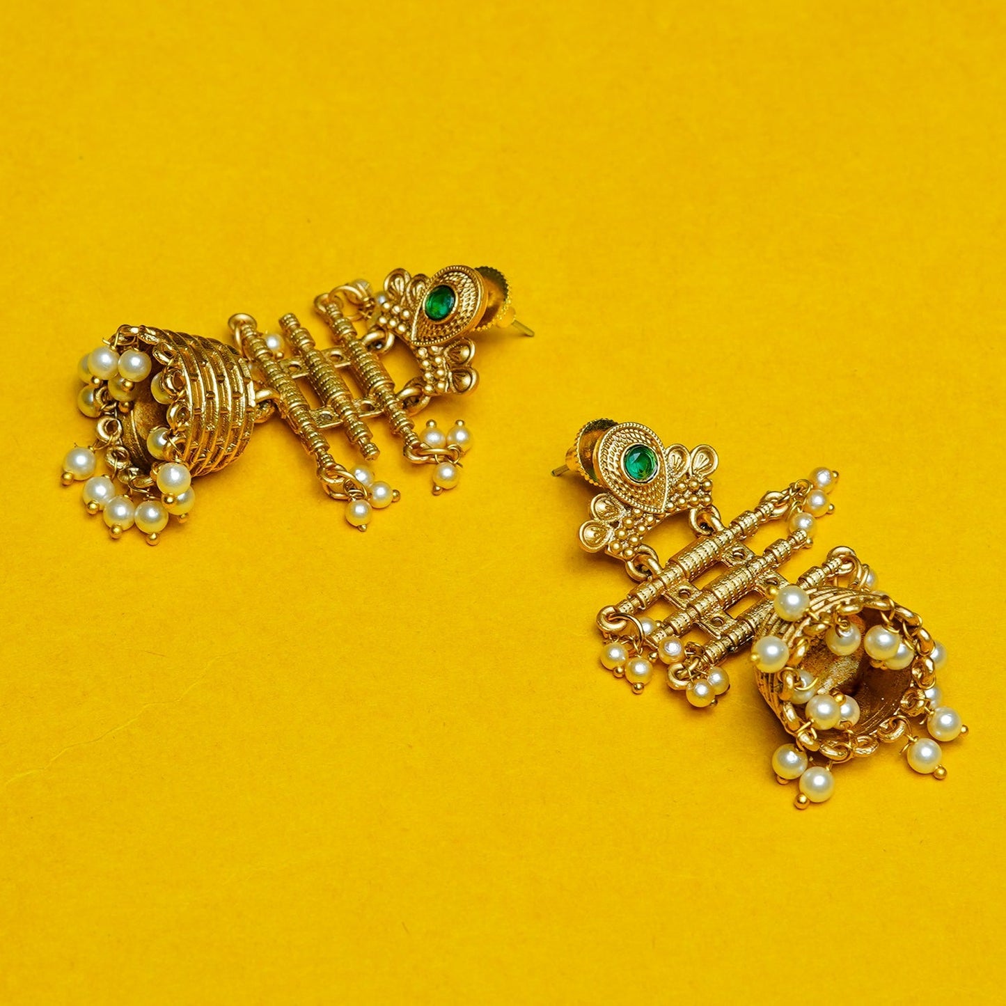 Zevar Club 18K Gold-Plated Red Kundan Studded Layered Traditional Jhumka Earrings with Pearls