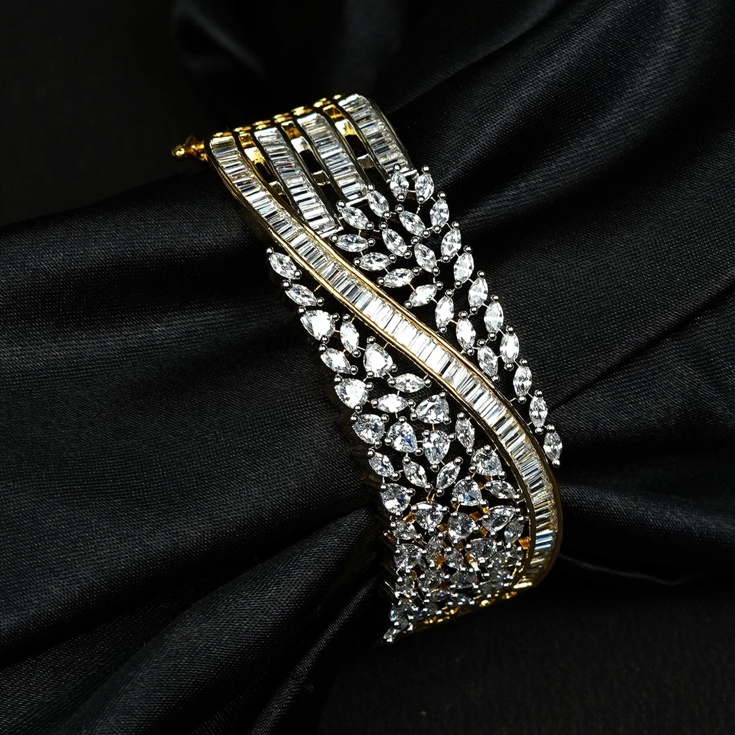 Zevar Club 22K Gold-Plated Handcrafted Statement Bracelet with AAA Cubic Zirconia Leaf Cluster Design