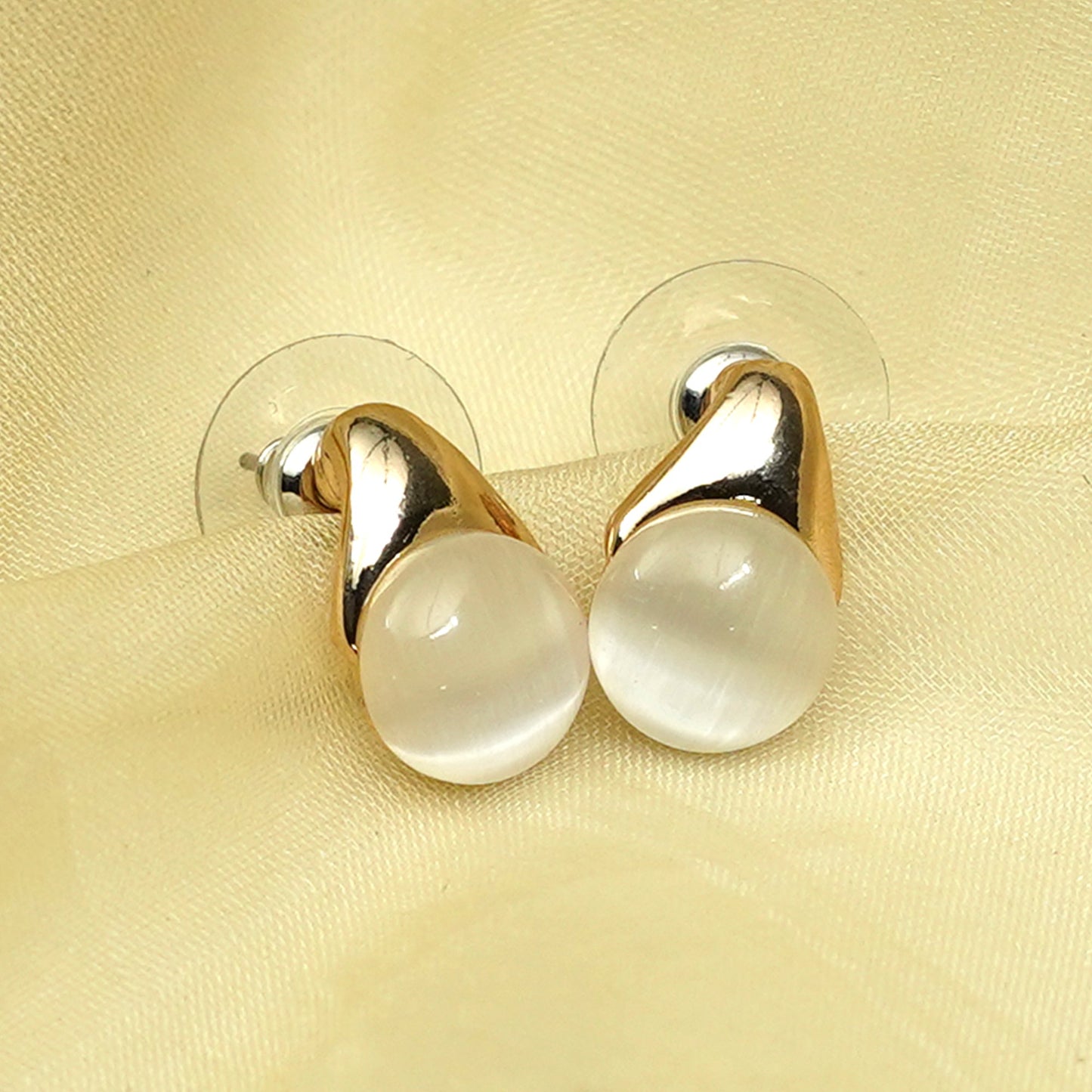 Zevar Club Silver Tone and White Stone Studded Stud Earrings with Glossy Curved Top for Women