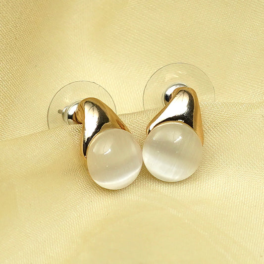 Zevar Club Silver Tone and White Stone Studded Stud Earrings with Glossy Curved Top for Women