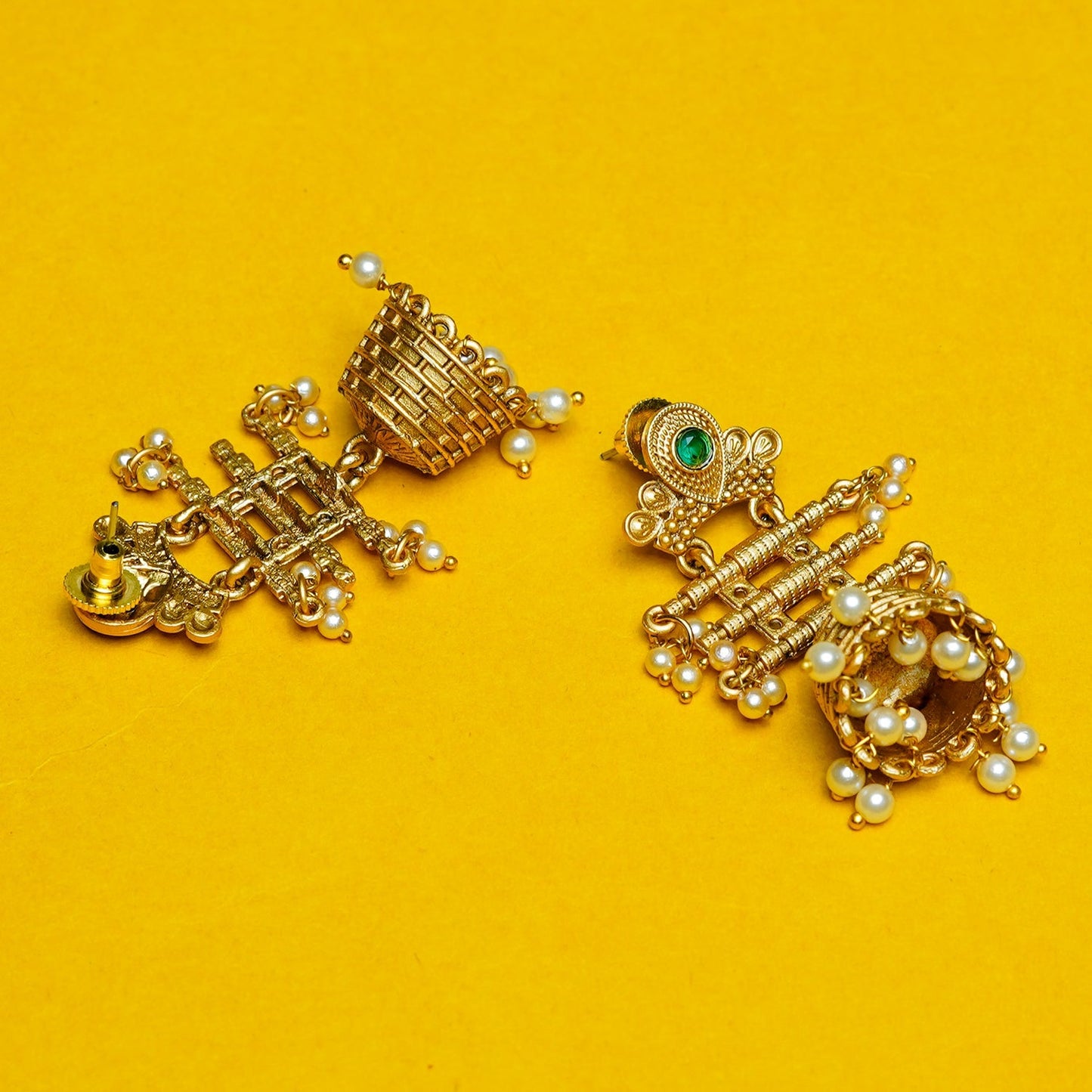 Zevar Club 18K Gold-Plated Red Kundan Studded Layered Traditional Jhumka Earrings with Pearls