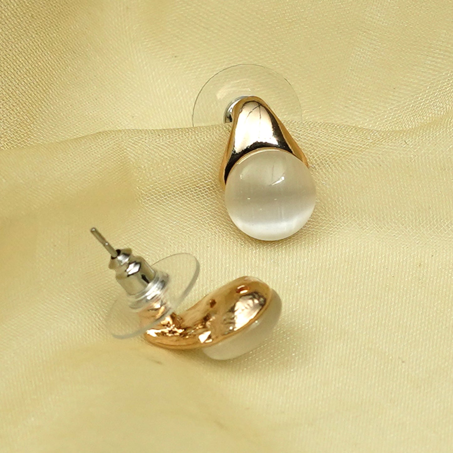 Zevar Club Silver Tone and White Stone Studded Stud Earrings with Glossy Curved Top for Women