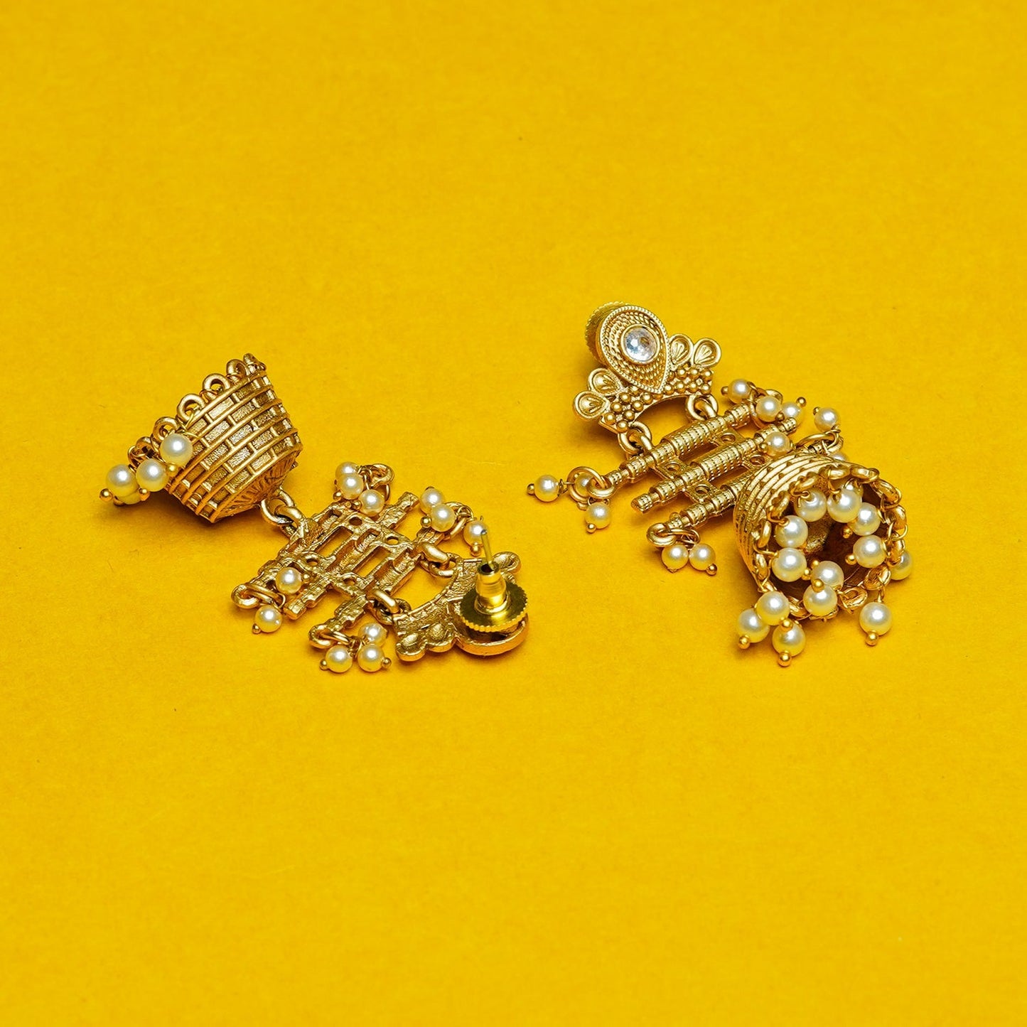 Zevar Club 18K Gold-Plated White Kundan Studded Layered Traditional Jhumka Earrings with Pearls