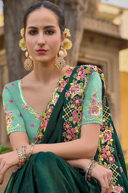 Green Art Silk With Stone & Cut Work Mehendi Saree